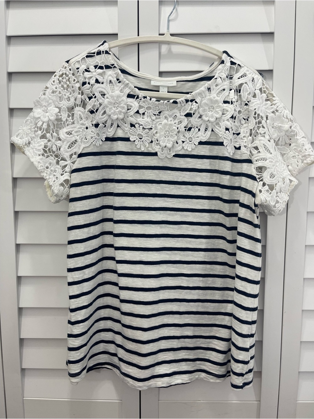 Charter Club White & Navy Striped Tee with Lace Yoke